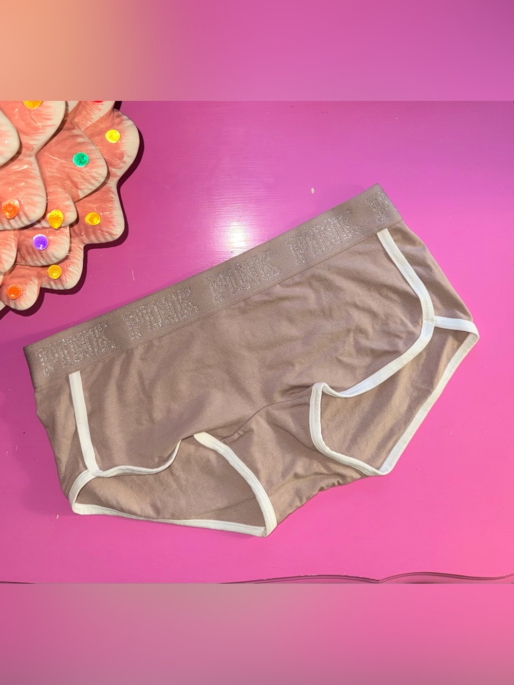 Victorias Secret Pink logo boyshort panties NWT large tan